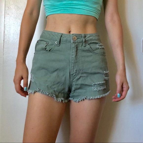 olive green distressed shorts